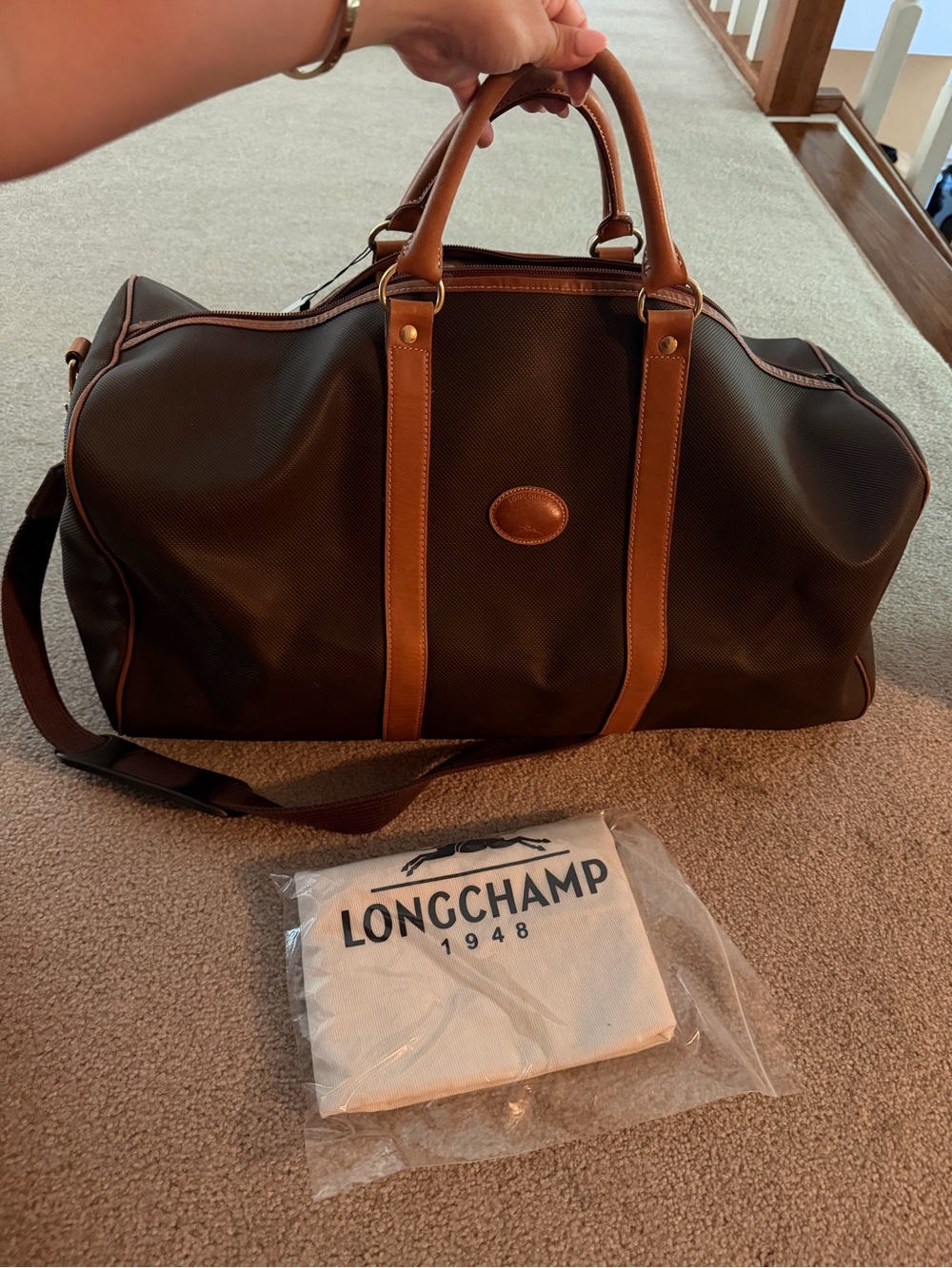 Longchamp excellent condition rare leather travel luggage duffle large tote bag